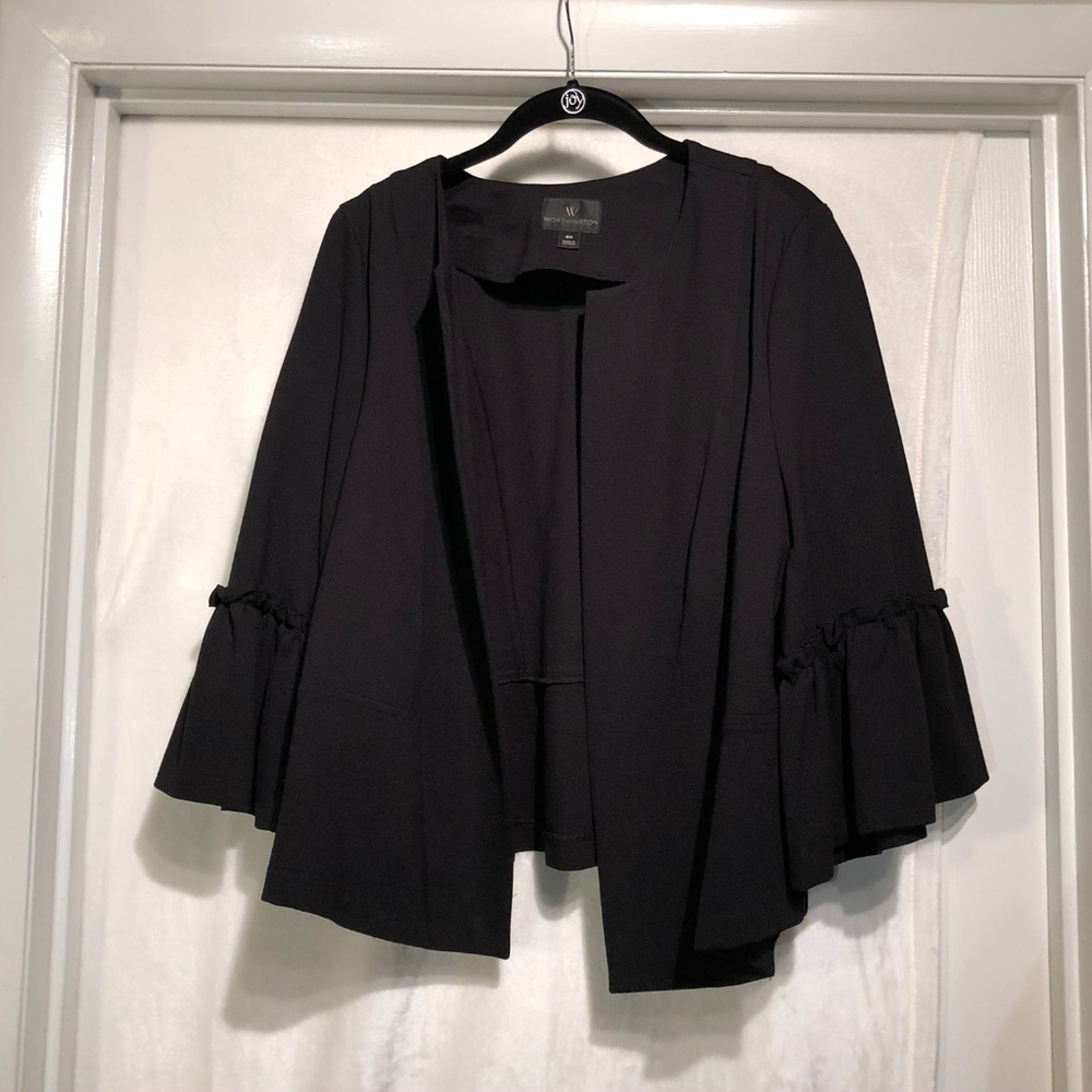 Worthington Ruffle Sleeve Open Blazer 0X, Black.